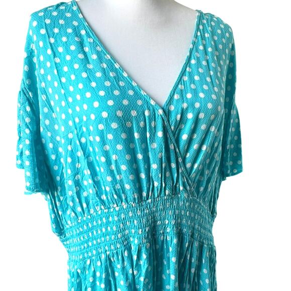 MICHAEL KORS Women's 3X Turquoise Georgette White Polka Dot Faux Wrap Midi Dress - Picture 1 of 8